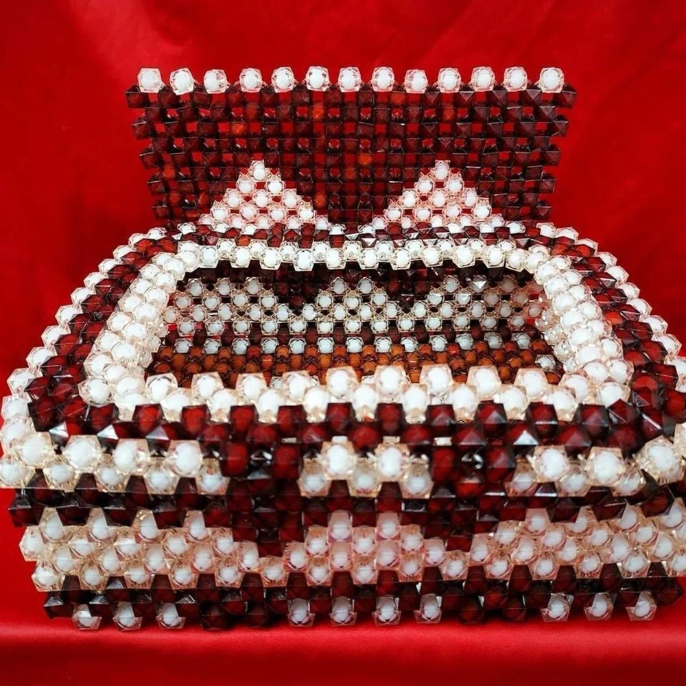 Vintage Beaded Jewelry Box Red White Lucite Plastic Handmade Trinket Box